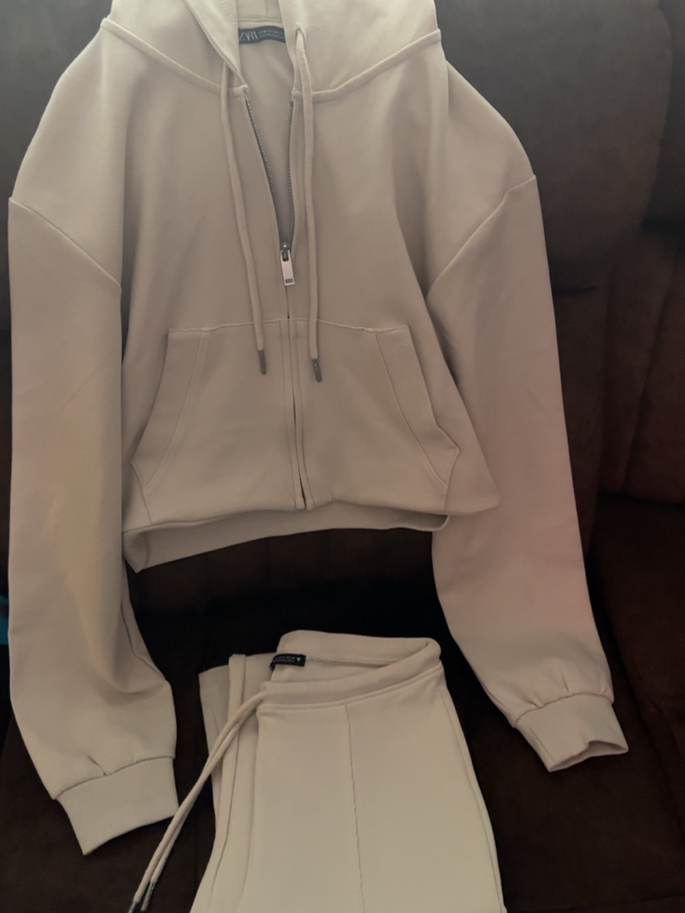 Zara Cream Cropped Zip Hoodie Bomber Jacket